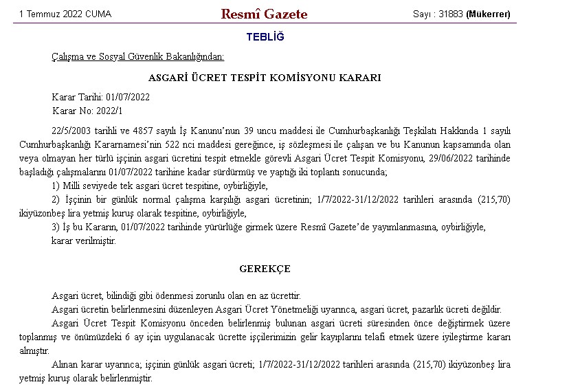 Resmi Gazete'de Yayımlandı! 2022 Temmuz Zammı İle Günlük Brüt / Net Asgari Ücret Ne Kadar Oldu?