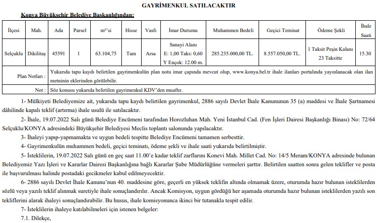 Konya Büyükşehir Belediyesi Taksitle Arsa Satıyor! Belediyeden Satılık Taşınmaz İhalesi