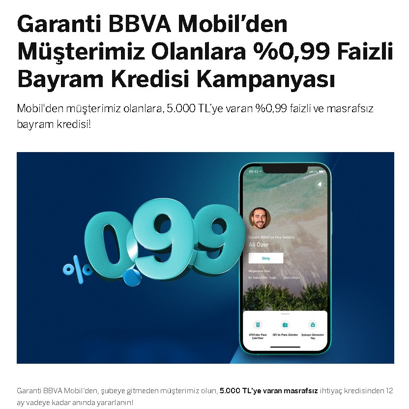 Garanti Bankası Mobil Başvuru Yapanlara Masrafsız 5000 TL Bayram Kredisi Veriyor!