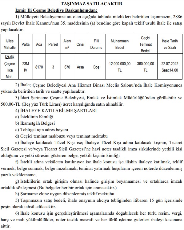 Çeşme Belediyesi Arsa Satıyor! Belediyeden Satılık Yatırımlık İhale İlanı