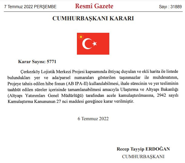 Çerkezköy Lojistik Merkezi Projesi İçin Ulaştırma Bakanlığı Acele Kamulaştırma Kararı Aldı!