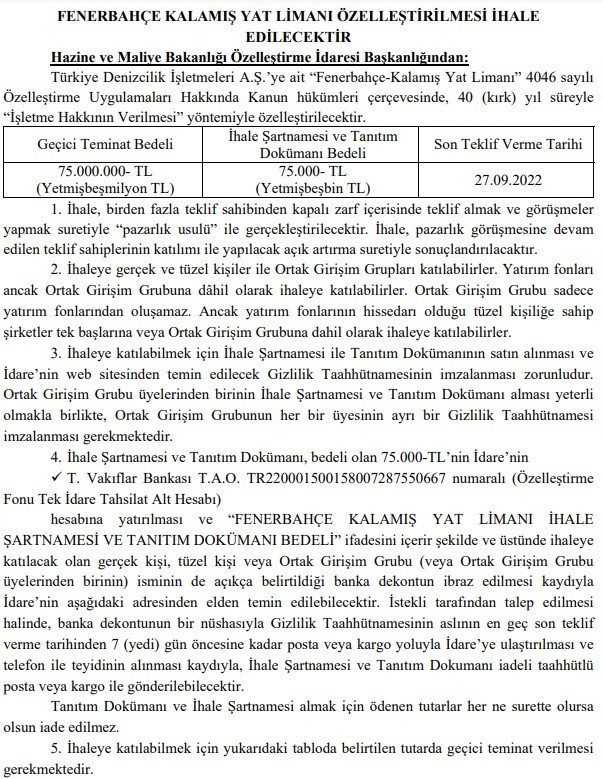 Fenerbahçe Kalamış Yat Limanı Özelleştirme İhalesi Resmi Gazete'de Yayımlandı!