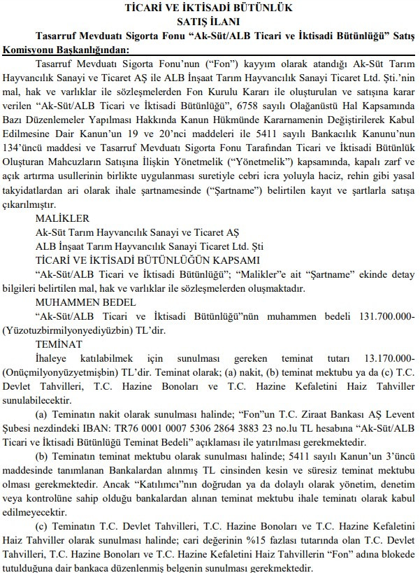 TMSF Satışları Sürüyor! Aksüt Tarım ve ALB İnşaat Ticari ve İktisadi Bütünlüğü Satışa Çıktı