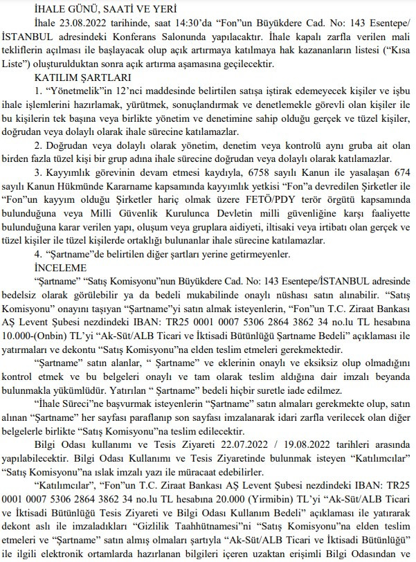 TMSF Satışları Sürüyor! Aksüt Tarım ve ALB İnşaat Ticari ve İktisadi Bütünlüğü Satışa Çıktı