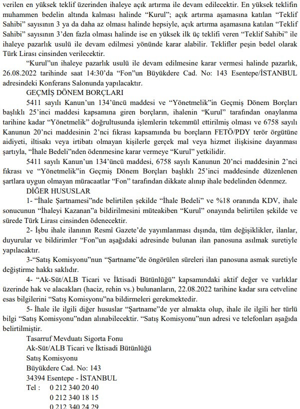 TMSF Satışları Sürüyor! Aksüt Tarım ve ALB İnşaat Ticari ve İktisadi Bütünlüğü Satışa Çıktı