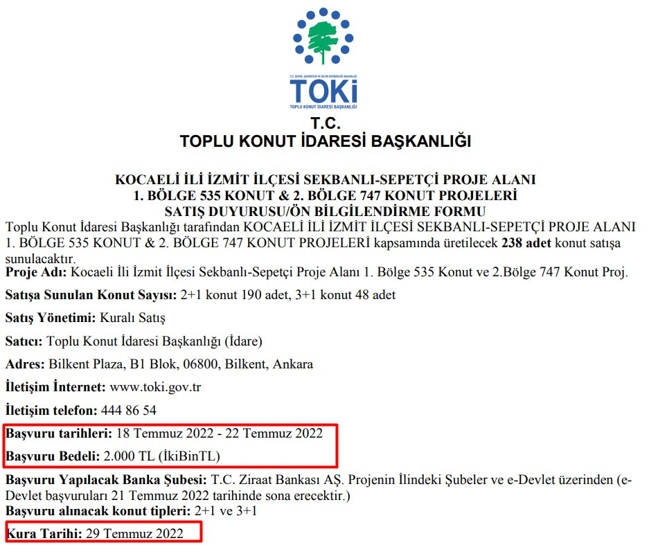 Kocaeli İzmit Sekbanlı TOKİ Başvuru Ekranı Açıldı: Başvuru Şartları ve Fiyatları!