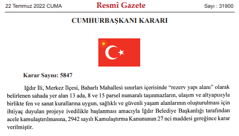 Acele kamulaştırma kararı Cumhurbaşkanı imzasıyla Resmi Gazete'de yayımlandı!