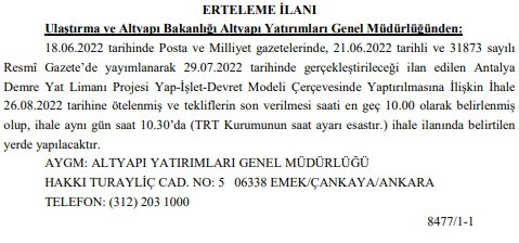 Ulaştırma ve Altyapı Bakanlığı yeni tarihi duyurdu: Demre Yat Limanı ihalesi ertelendi!