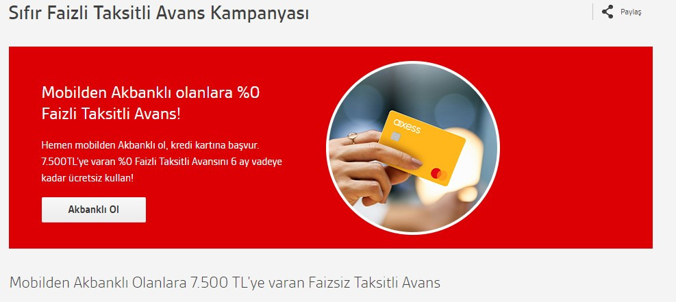 Akbank faizsiz kredi değil sıfır faizli taksitli nakit avans veriyor! 7.500 TL tek tıkla hesapta