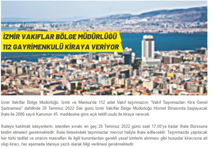 İzmir Vakıflar Bölge Müdürlüğü kiralık arsa, işyeri, dükkan, zeytinlik, tarla ve tuvalet ilanları yayımladı!