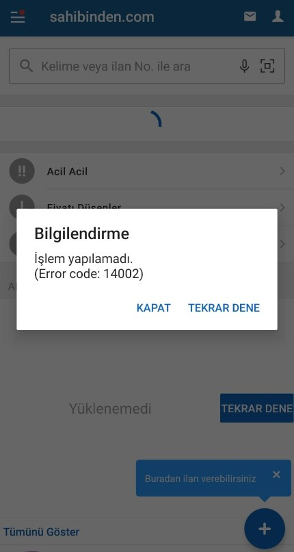 SON DAKİKA: Sahibinden Com çöktü mü, neden girilmiyor, error code 14002 işlem yapılamadı hatası nedir?