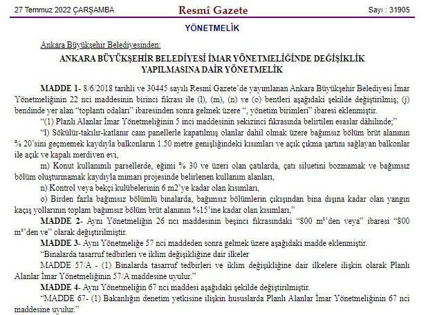 Resmi Gazete'de yayımlandı, Ankara Büyükşehir Belediyesi imar yönetmeliği değişti!