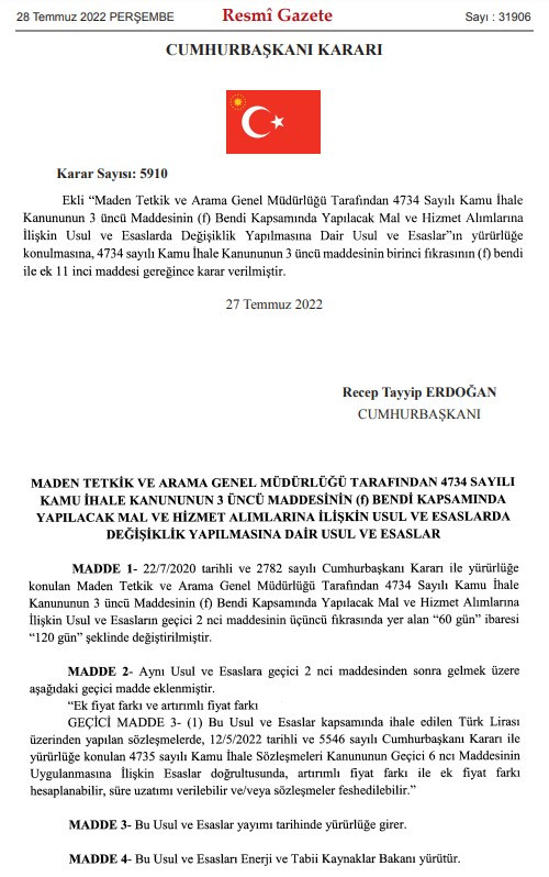 Son Dakika: Cumhurbaşkanı Erdoğan imzaladı, artırımlı fiyat farkı, süre uzatımı ve tasfiye kararnamesi kararı çıktı!