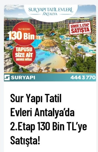 130 bin liraya tapusu size ait devremülk! Sur Yapı tatil evleri Antalya projesinde 2. etap satışları başladı