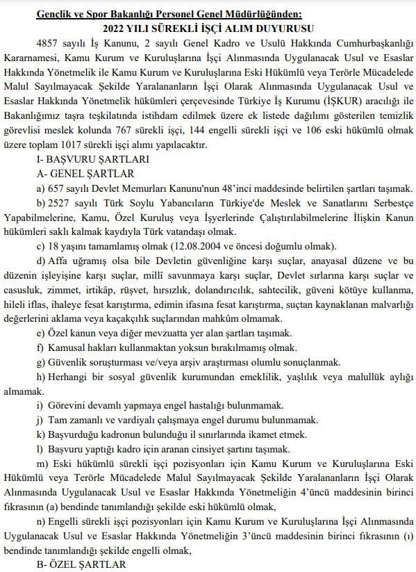 GSB personel alımı başvuru şartları! Gençlik ve Spor Bakanlığı sürekli işçi alımı ilanı 2022 başvurusu duyurusu