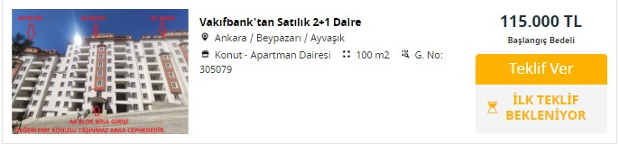 Vakıfbank'tan 11.500 TL peşinat ve 1.700 TL taksitle satılık 2+1 konut!