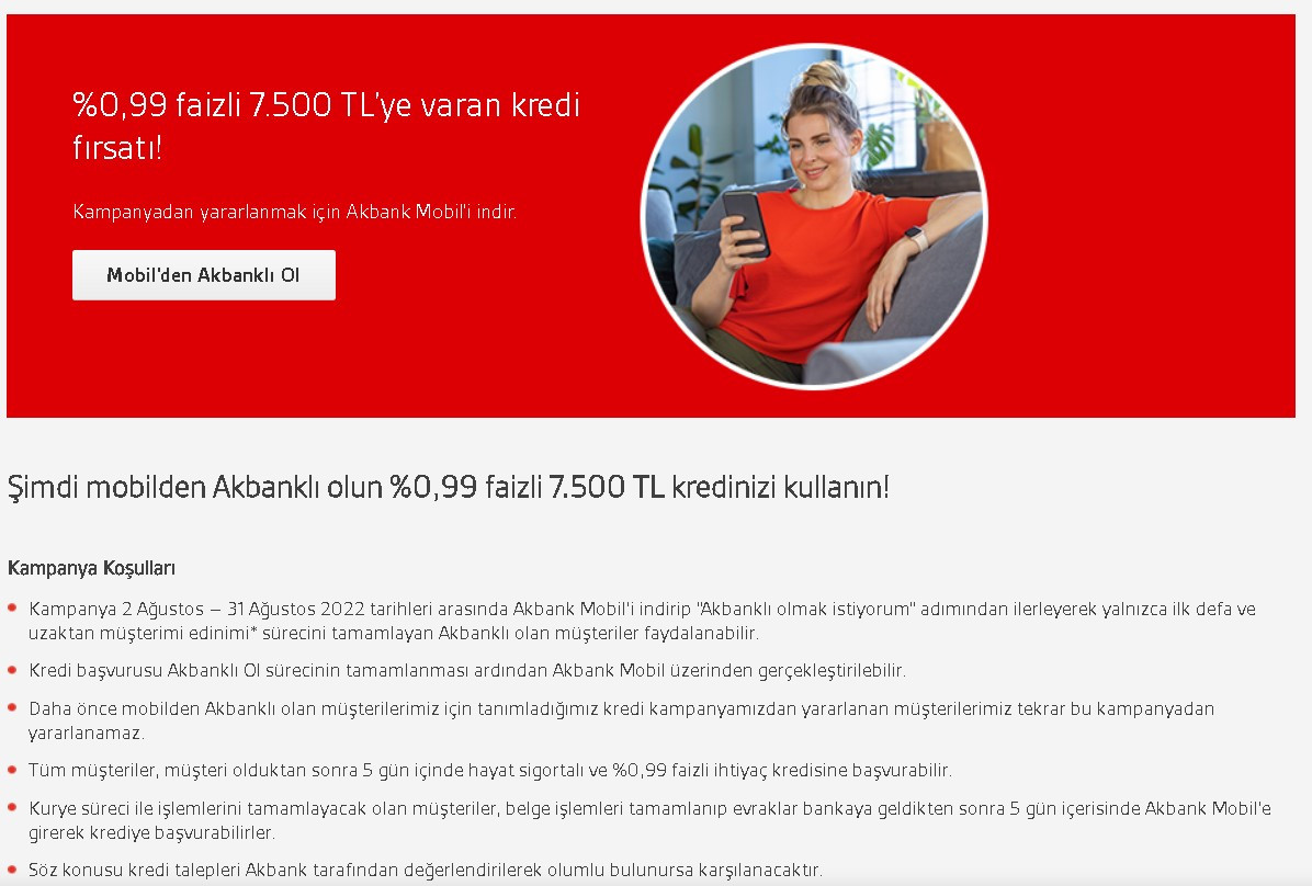 0.99 faizle ihtiyaç kredisi! Akbank tek bir başvuru ile hemen veriyor