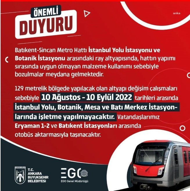 Ankara metrosu EGO İstanbul Yolu, Botonik, Mesa ve Batı Merkez metrosu neden kapalı, çalışmıyor, ne zaman açılacak?