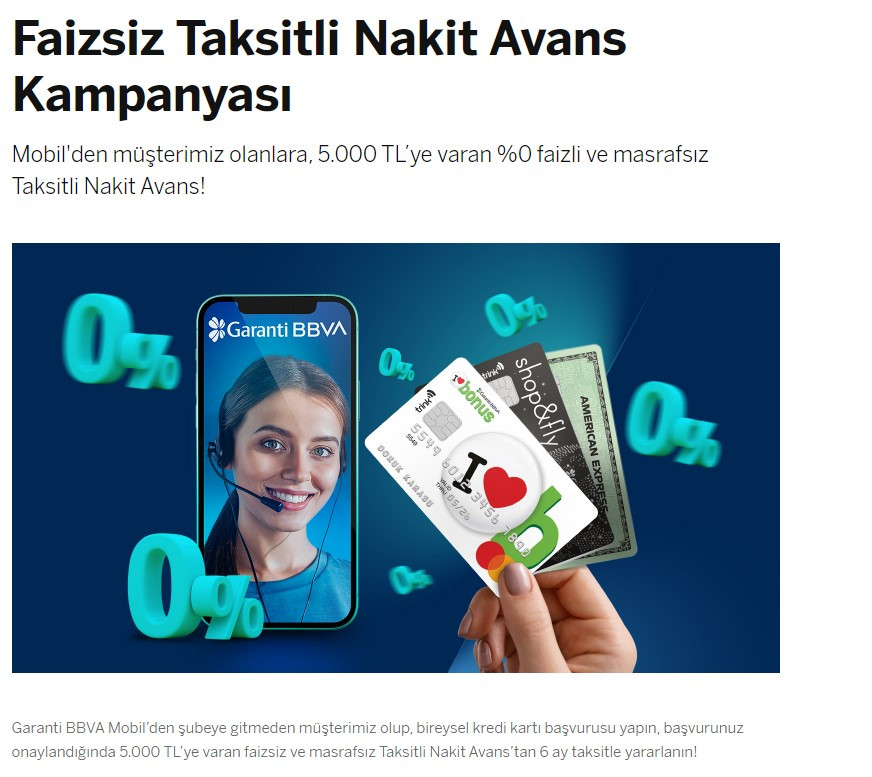 Garanti BBVA Bankası'ndan borç para gibi faizsiz taksitli nakit avans kampanyası! Anında 5.000 TL çekebilirsiniz