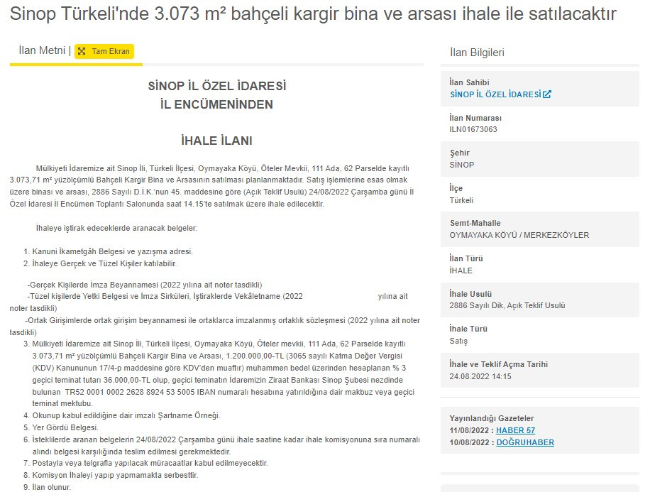 İl Özel İdaresi 3+1 daire fiyatına 3 bin M2 bahçeli kargir bina ve arsa satıyor! Kelepir satılık köy evi ilanları arayanlar kaçırmayın