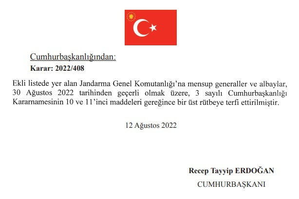 Jandarma Genel Komutanlığı atamaları kararnamesi! Generalliğe yükseltilen, terfi eden albaylar, tuğgeneral atama kararları isim listesi 2022