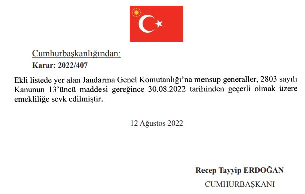 Emekli edilen Generaller Listesi 2022! Jandarma Genel Komutanlığı atama kararları Resmi Gazete'de yayımlandı