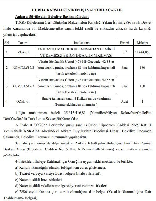 TOGO Kuleleri yıkılıyor! Hurda karşılığı yıkım ihalesi ilanı son dakika Resmi Gazete'de yayımlandı