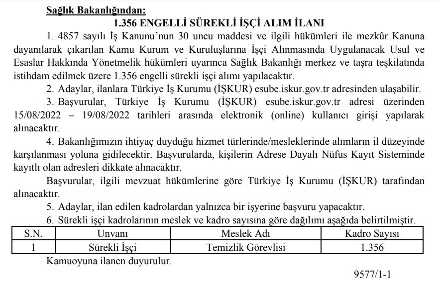 KPSS'siz memur alımı ilanı bekleyenler dikkat! Sağlık Bakanlığı İŞKUR üzerinden en az ilkokul mezunu, 1356 engelli işçi alımı 2022 ilanı yayımlandı