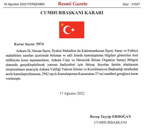 Ankaralılar Dikkat! Ankara Uzay ve Havacılık İhtisas Organize Sanayi Bölgesi için 2 ilçede acele kamulaştırma kararı çıktı!