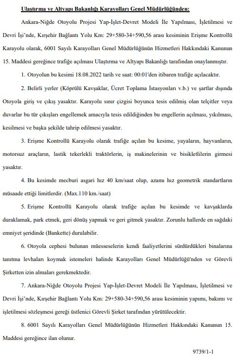 Ulaştırma Bakanlığı tarih verdi: Ankara-Niğde Otoyolu Kırşehir bağlantı yolu açılıyor!