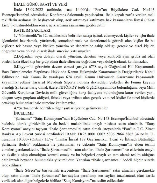 TMSF Resmi Gazete'de bugün yayımladı! İnanlar İnşaat 138 Gayrimenkul Ticari ve İktisadi Bütünlüğü satışa çıkıyor