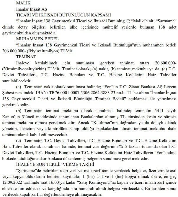 TMSF Resmi Gazete'de bugün yayımladı! İnanlar İnşaat 138 Gayrimenkul Ticari ve İktisadi Bütünlüğü satışa çıkıyor