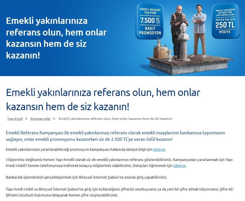 Yapı Kredi Bankası emekli maaş promosyonu 7.500 TL oldu, her ay 2 bin TL faizsiz borç para desteği sunuldu