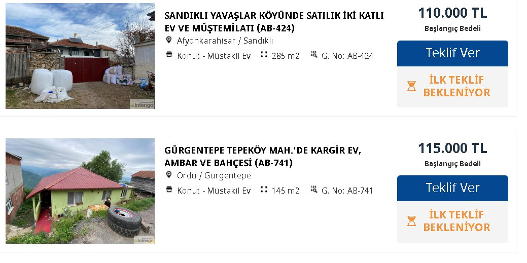 Yapı Kredi Bankası satıyor: 285 M2 2 katlı ev ve müştemilatı 110 bin, 264 m2 avlulu taş ev 125.000 TL, bahçe dubleksi 160 bine gidiyor