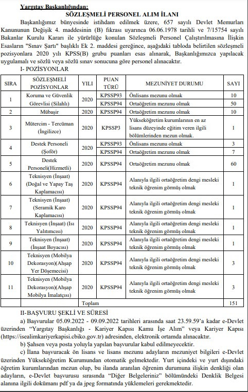 Yargıtay 60 KPSS puanı ile şoför, koruma ve güvenlik görevlisi, mübaşir, hizmetli, temizlik görevlisi, teknisyen alımı 2022 ilanı yayımlandı!