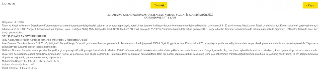 TKDK gayrimenkul satış ilanı yayımladı: 311 m2 bahçeli kargir ev 327 bin liraya satışa çıktı!