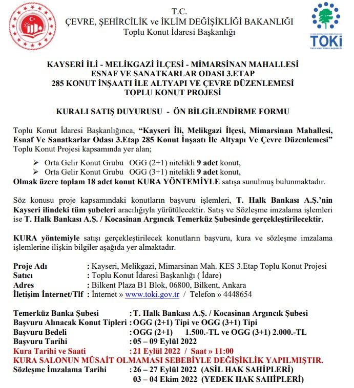 Kayseri TOKİ kura sonucu sorgulama 2+1 ve 3+1 2022! TOKİ Kayseri Mimarsinan kura sonuçları tam listesi için tıklayın