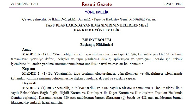 Tapu Planlarında Yanılma Sınırının Belirlenmesi Hakkında Yönetmelik Resmi Gazete'de yayınlandı