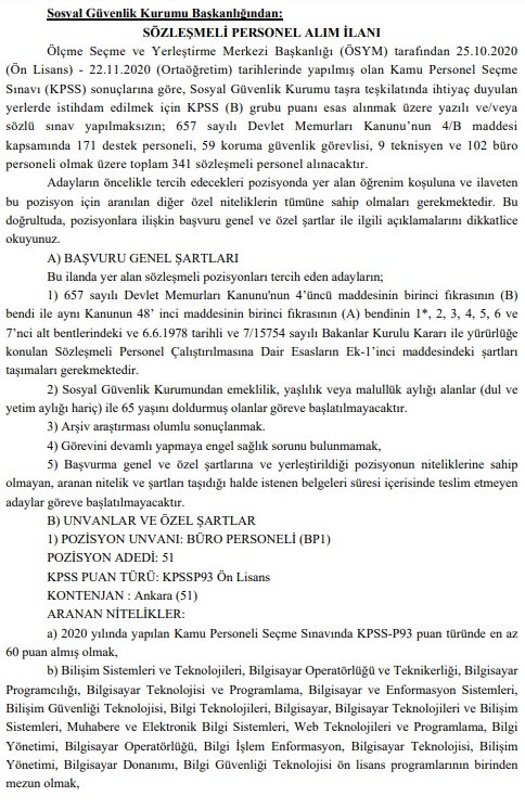 SGK sözleşmeli personel alımı! Destek ve büro personeli, koruma güvenlik görevlisi, teknisyen başvuru şartları neler?