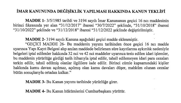 Yeni imar barışı için kanun teklifi meclise verildi yapı kayıt belgesi ücreti kaç TL ne kadar olur?