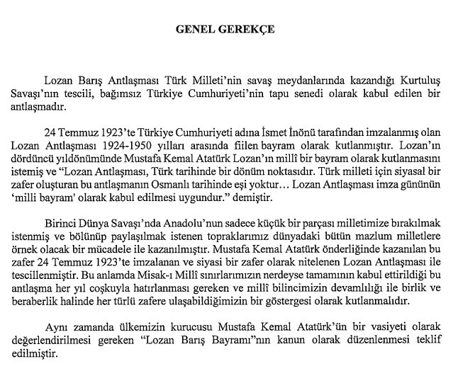 Kanun teklifi meclise verildi kabul edilirse 24 Temmuz Lozan Barış Bayramı resmi tatil ilan edilecek