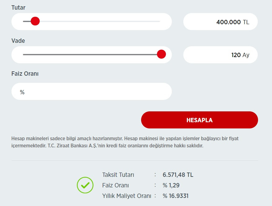 Ziraat Bankası 400 Bin TL, 500 Bin TL, 600 Bin TL konut kredisi taksit hesaplama tabloları!