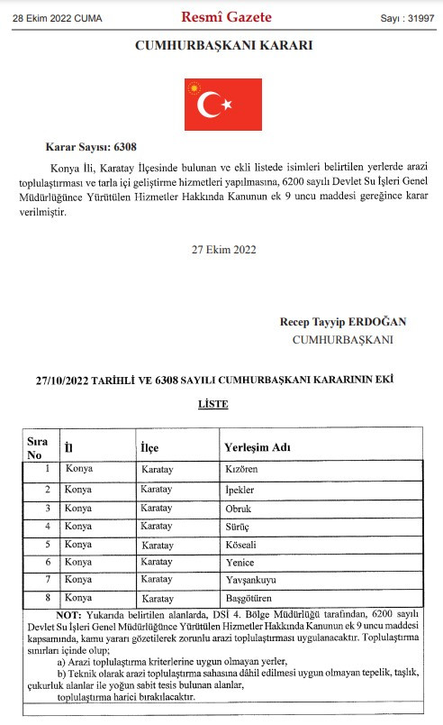 Çanakkale ve Konya'da arazi toplulaştırma Bursa Yozgat ve Denizli'de acele kamulaştırma kararı çıktı