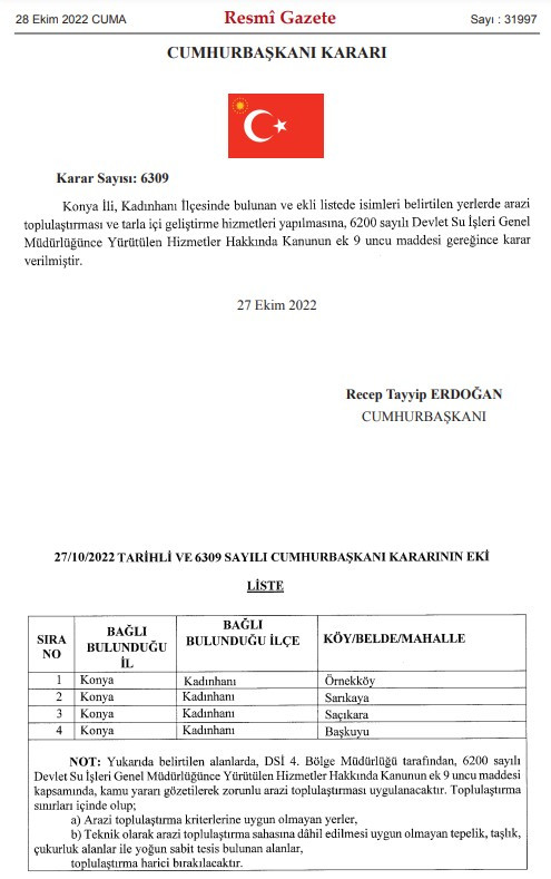 Çanakkale ve Konya'da arazi toplulaştırma Bursa Yozgat ve Denizli'de acele kamulaştırma kararı çıktı