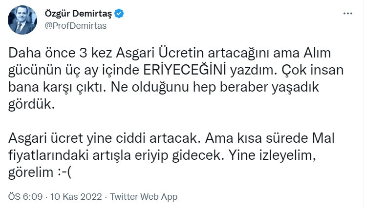 Geçen yıl yapılacak zammı önceden bilmişti! Özgür Demirtaş'tan 2023 asgari ücret zammı öngörüsü!