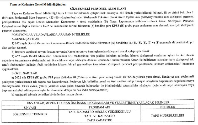 Tapu ve Kadastro Genel Müdürlüğü 56 ilde 426 sözleşmeli personel alım ilanı yayımlandı!