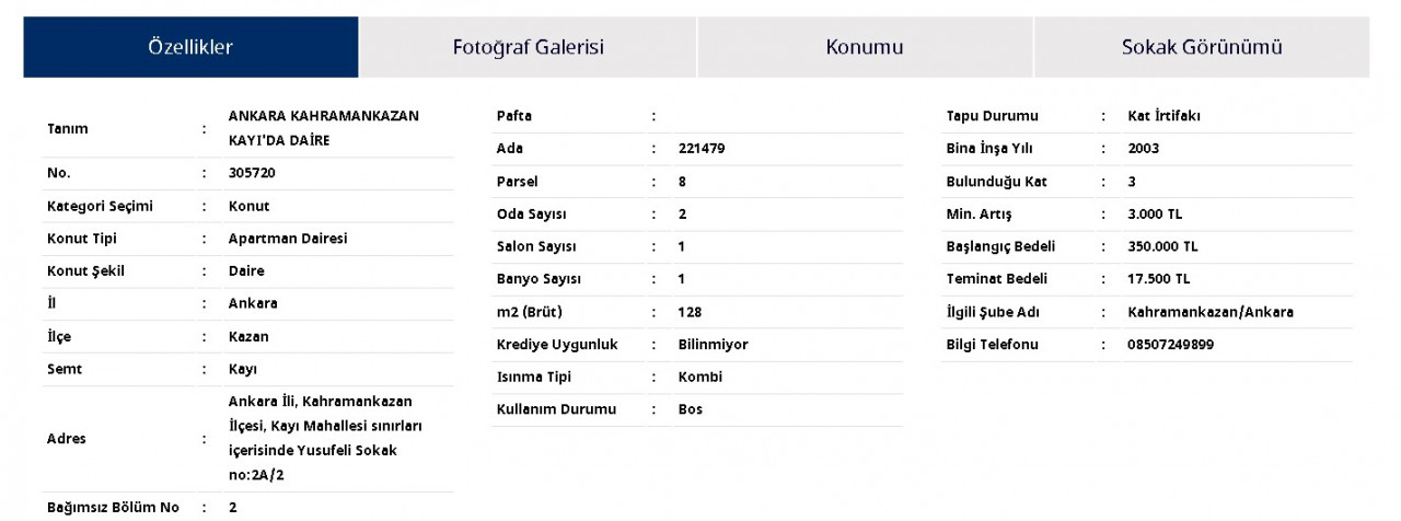 İş Bankası Ankara'da 128 m2 kombili 2+1 daireyi 350 bin liraya satıyor