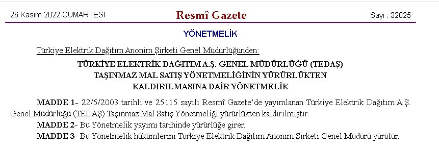 TEDAŞ taşınmaz mal satış yönetmeliği yürürlükten kaldırıldı!