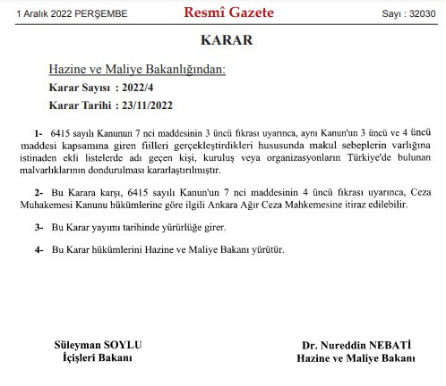 İçişleri Bakanı Süleyman Soylu ve Maliye Bakanı Nebati imzaladı 17 kişi ve 4 şirketin malvarlığı donduruldu!