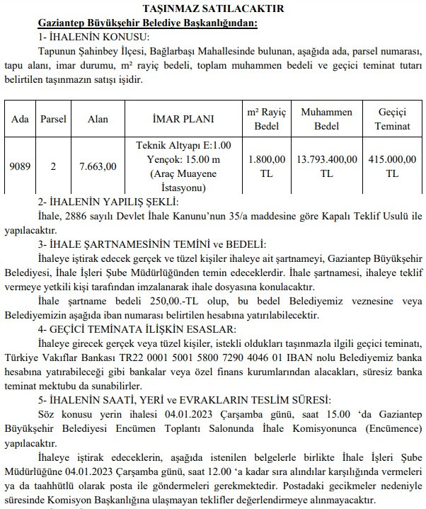 Gaziantep Büyükşehir Belediyesi ihale ile arsa satıyor!